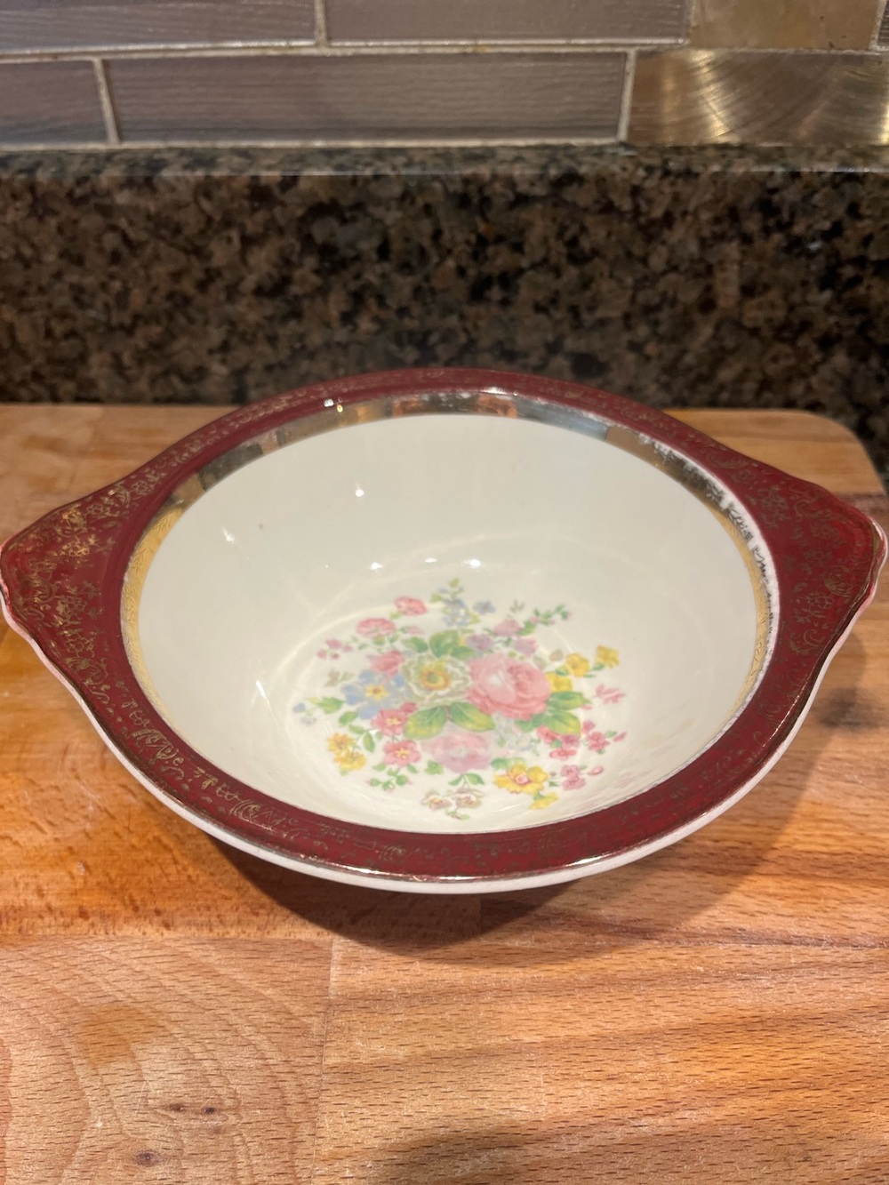 Century by Salem China 7.18 inch Lugged Cereal Bowl Floral Center, Maroon/Gold F